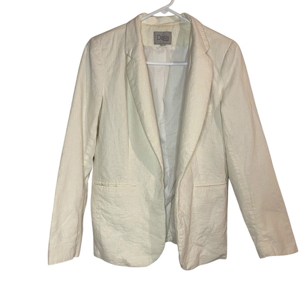 White Linen Blend Blazer‎ Stretch Size 5 Open Front Classic Office Jacket Dalia